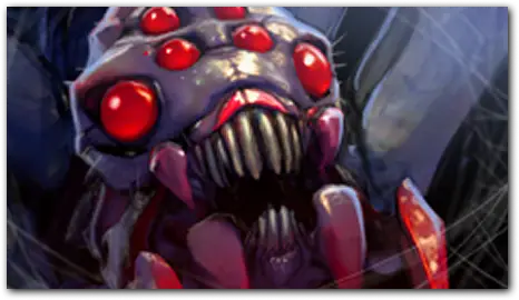 Portret Broodmother w pajęczej formie z czerwonymi oczami.