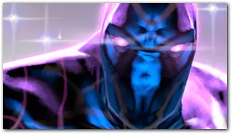 Portret Faceless Voida w fioletowej energii czasowej.