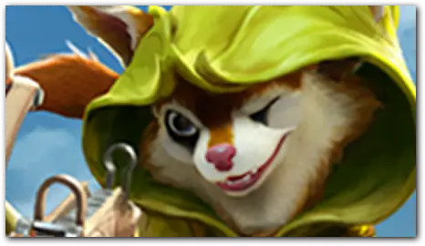 Portret Hoodwink w zielonym kapturze.