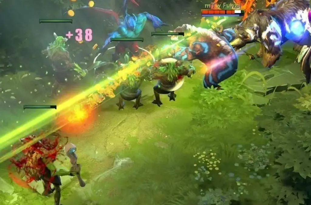 Scena walki drużynowej w Dota 2 z bohaterem używającym promienia energii atakującego kilku przeciwników jednocześnie.